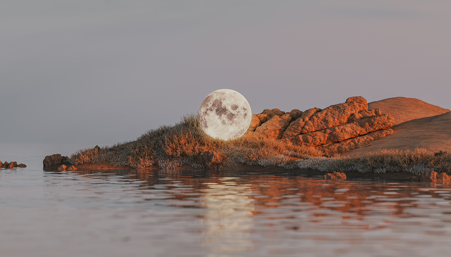 A 3d render of a moon living through a landscape at sunset