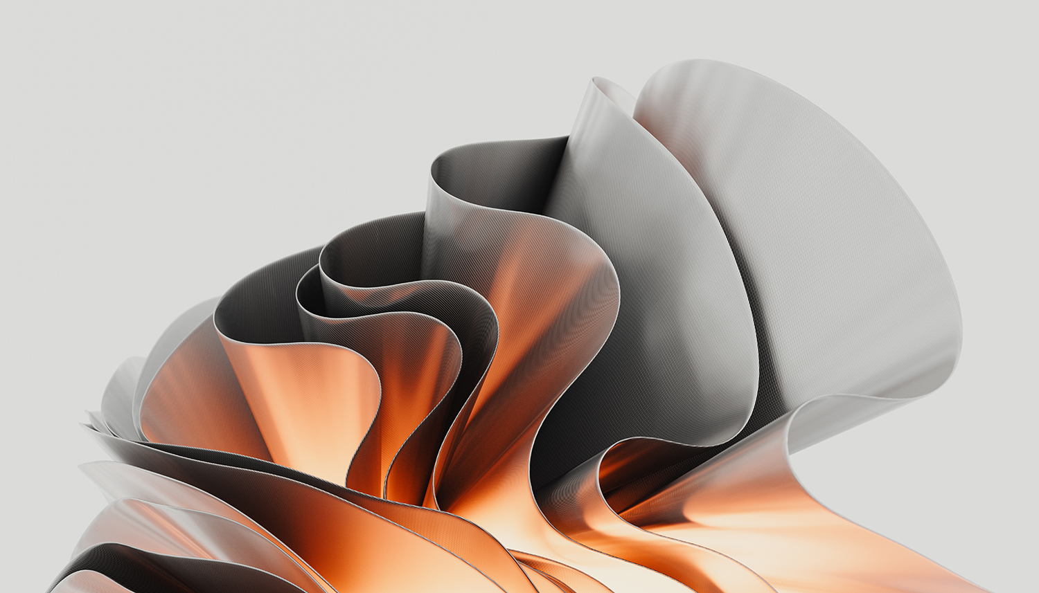 3d Render, artistic display of abstract metallic forms, featuring flowing copper and steel textures creating a dynamic visual experience.