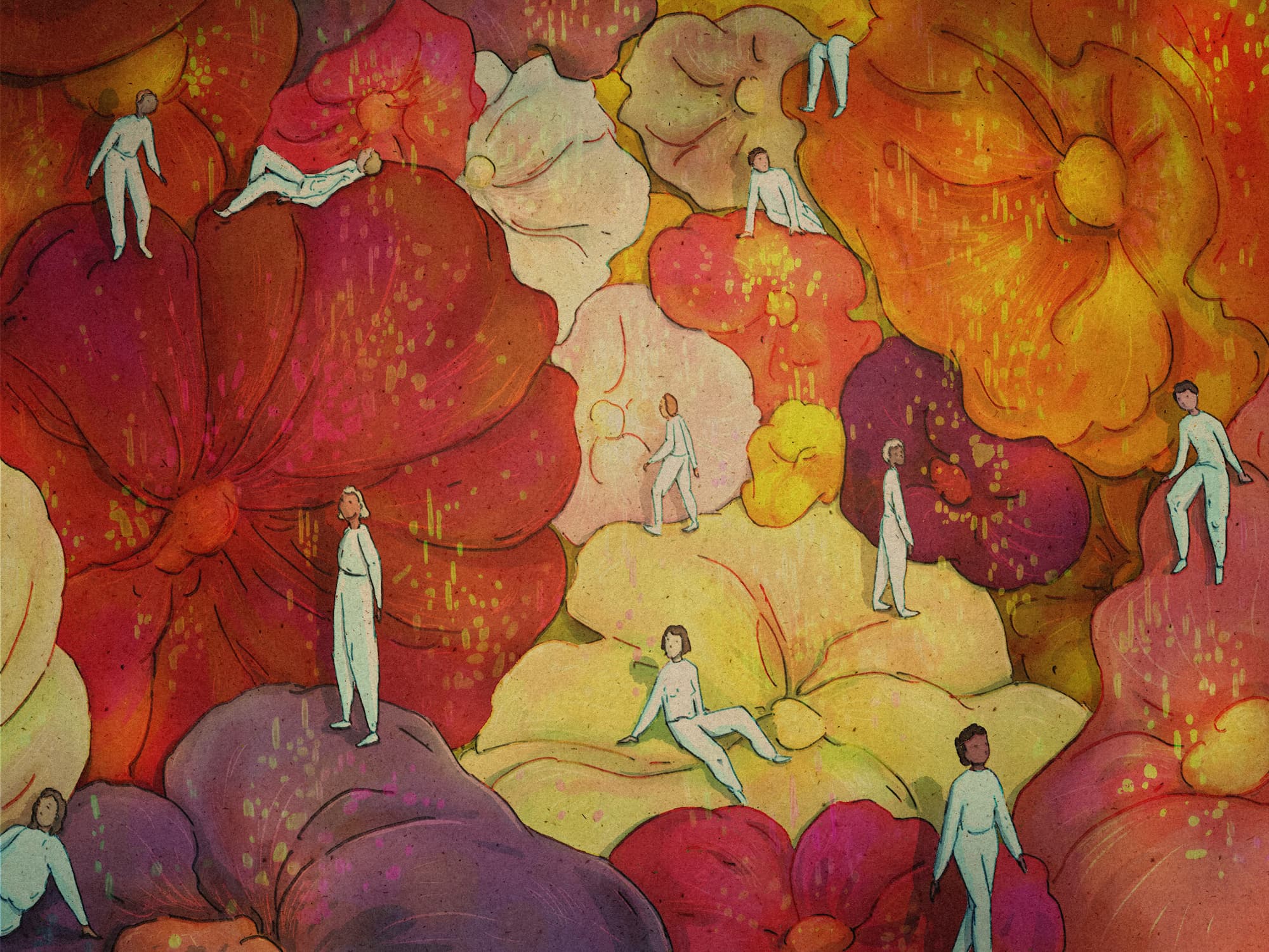 A group of people who live on huge flowers. They are dressed in white suits and stand in different poses, exploring the environment. Harmony between nature and human concept
