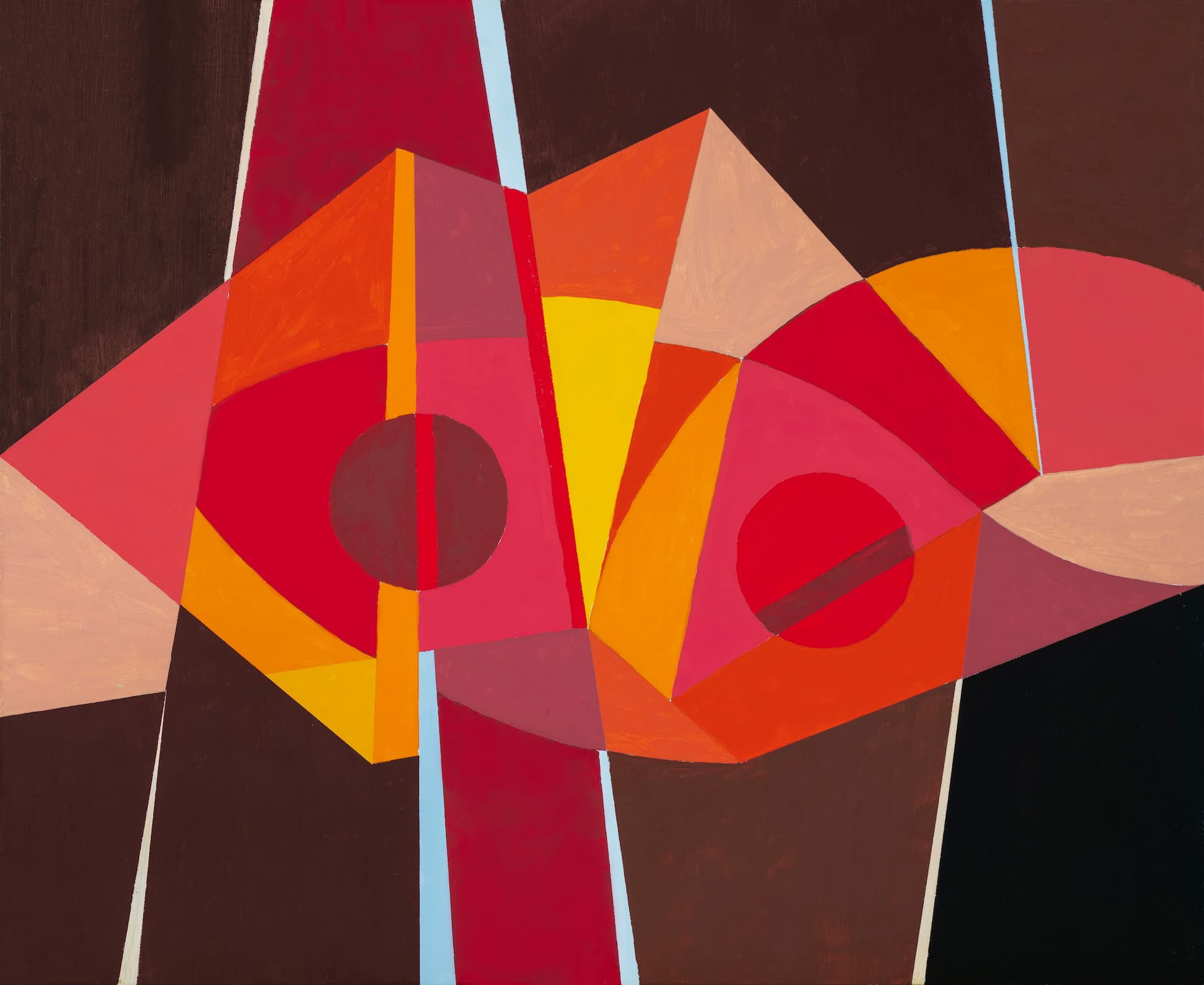An abstract painting in predominantly warm colors. The background area is punctuated by slivers of cooler color.