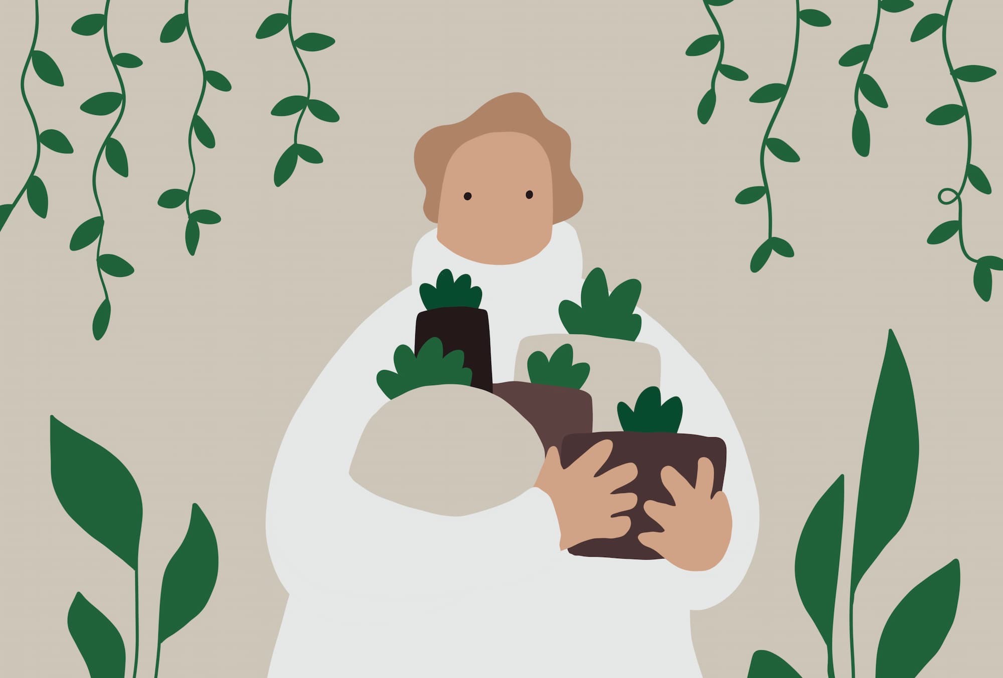 Simple illustration of a person holding a collection of house plants