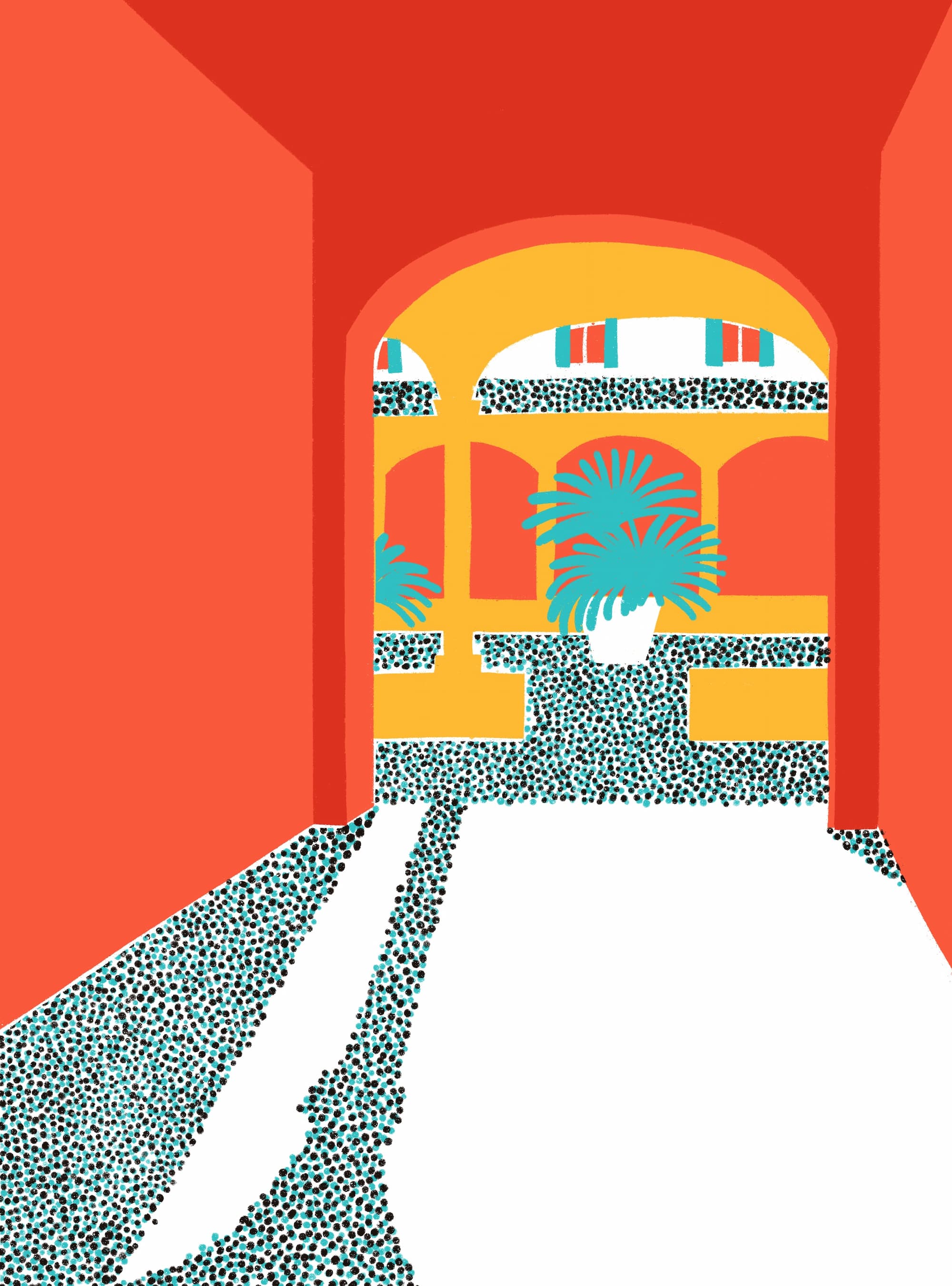 Italian courtyard modern illustration Sunny summer Italian landscape
