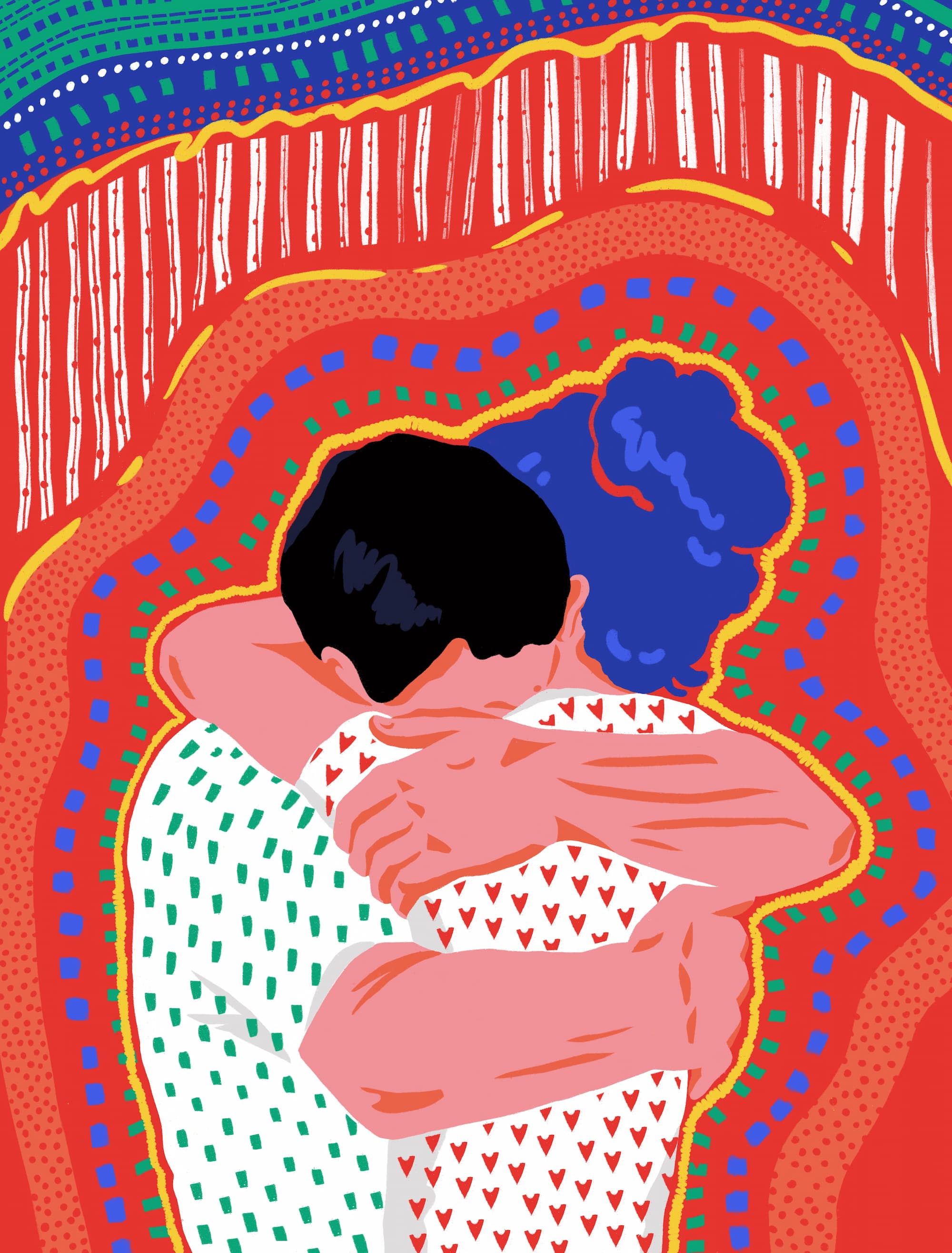 Couple Embracing Illustration – Love and Relationship Colorful artistic illustration of a man and woman hugging, symbolizing love, romance and emotional connection.