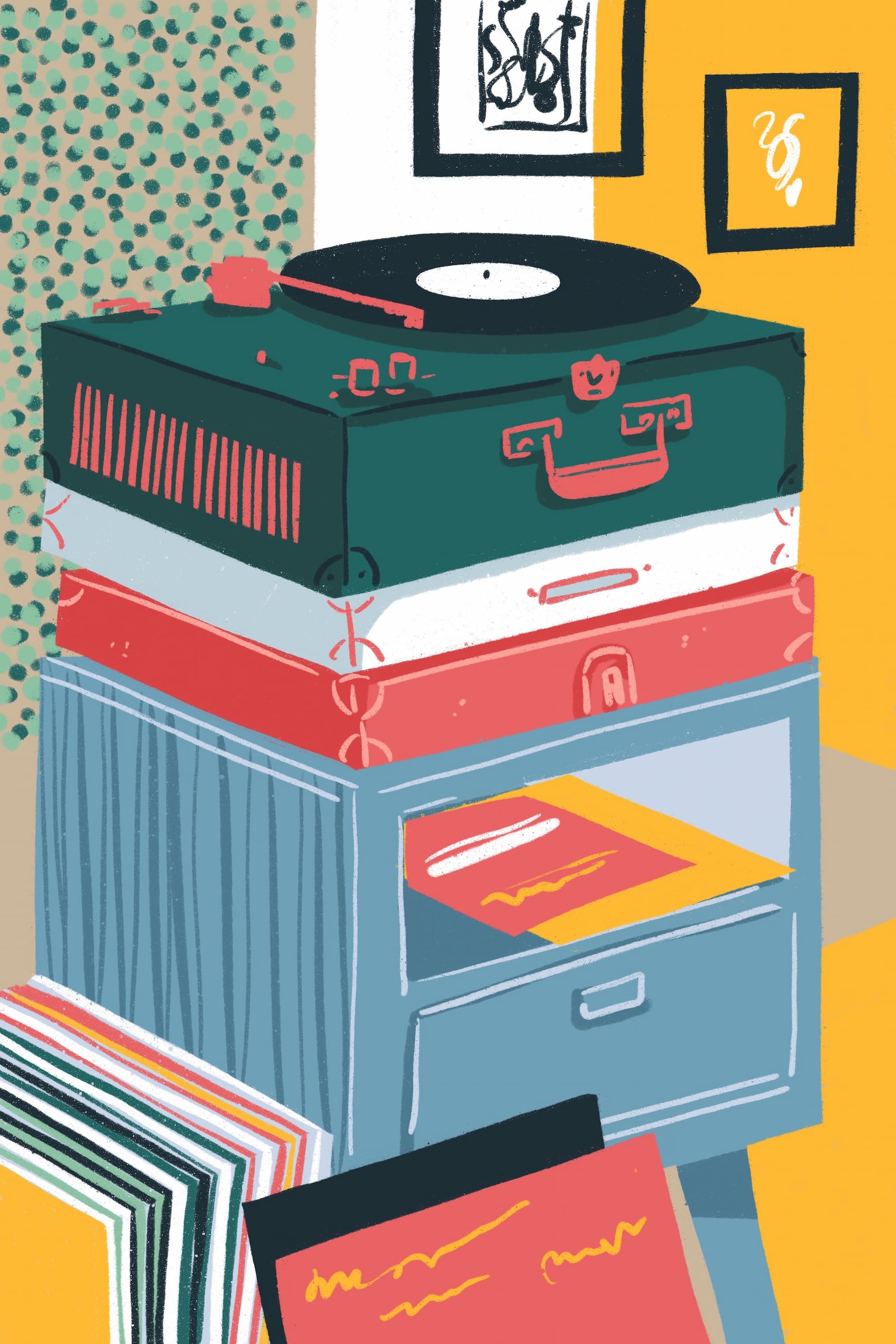 Vintage Vinyl Record Player Hand-Drawn Illustration Vintage Vinyl Record Player in Retro Home Decor Hand-Drawn Illustration