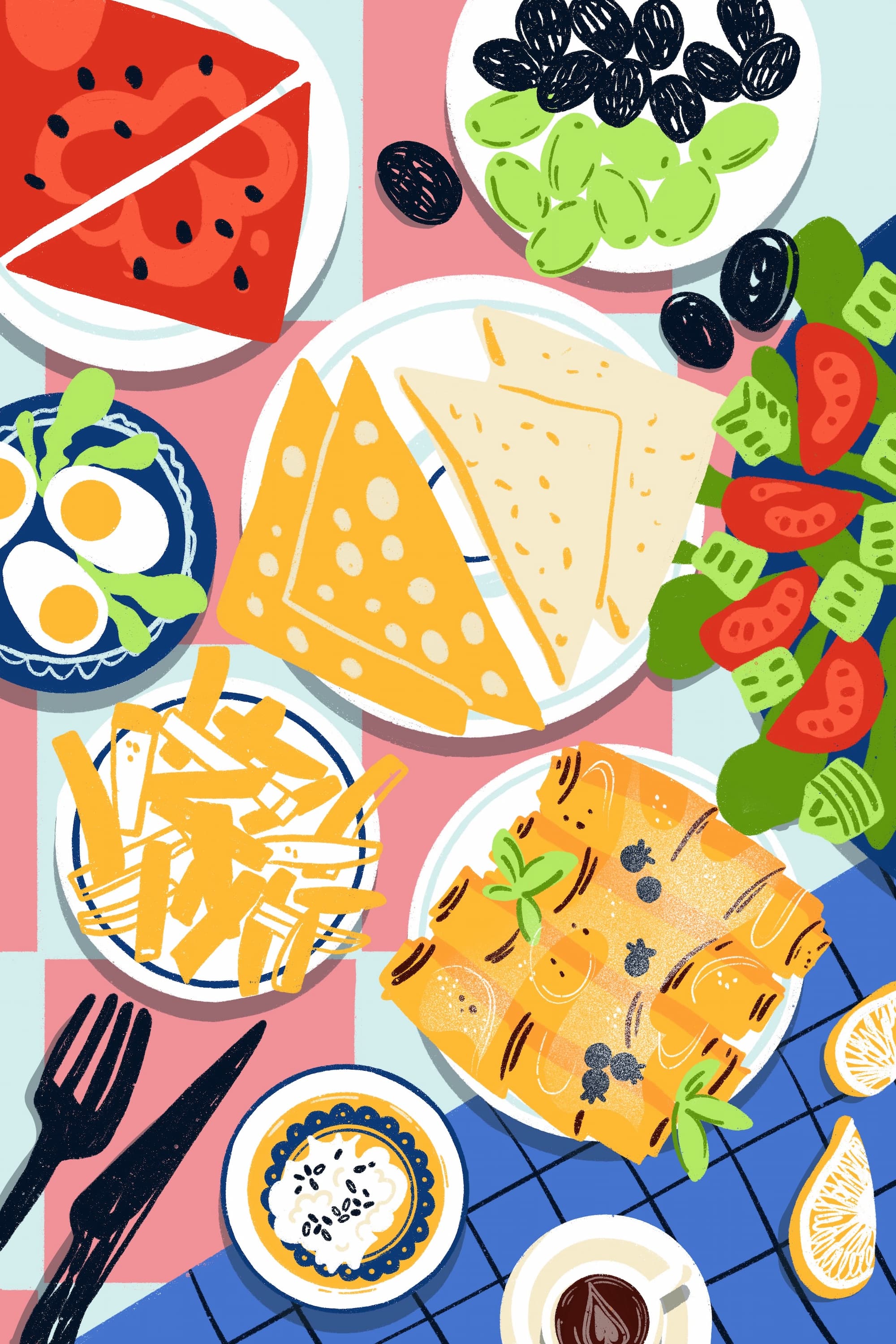 Traditional Turkish breakfast colorful top view Vibrant top view of a traditional Turkish breakfast table with a variety of dishes including watermelon, fresh fruits, eggs, toasts, cheese, olives and more. Rich cultural cuisine and colorful food composition.