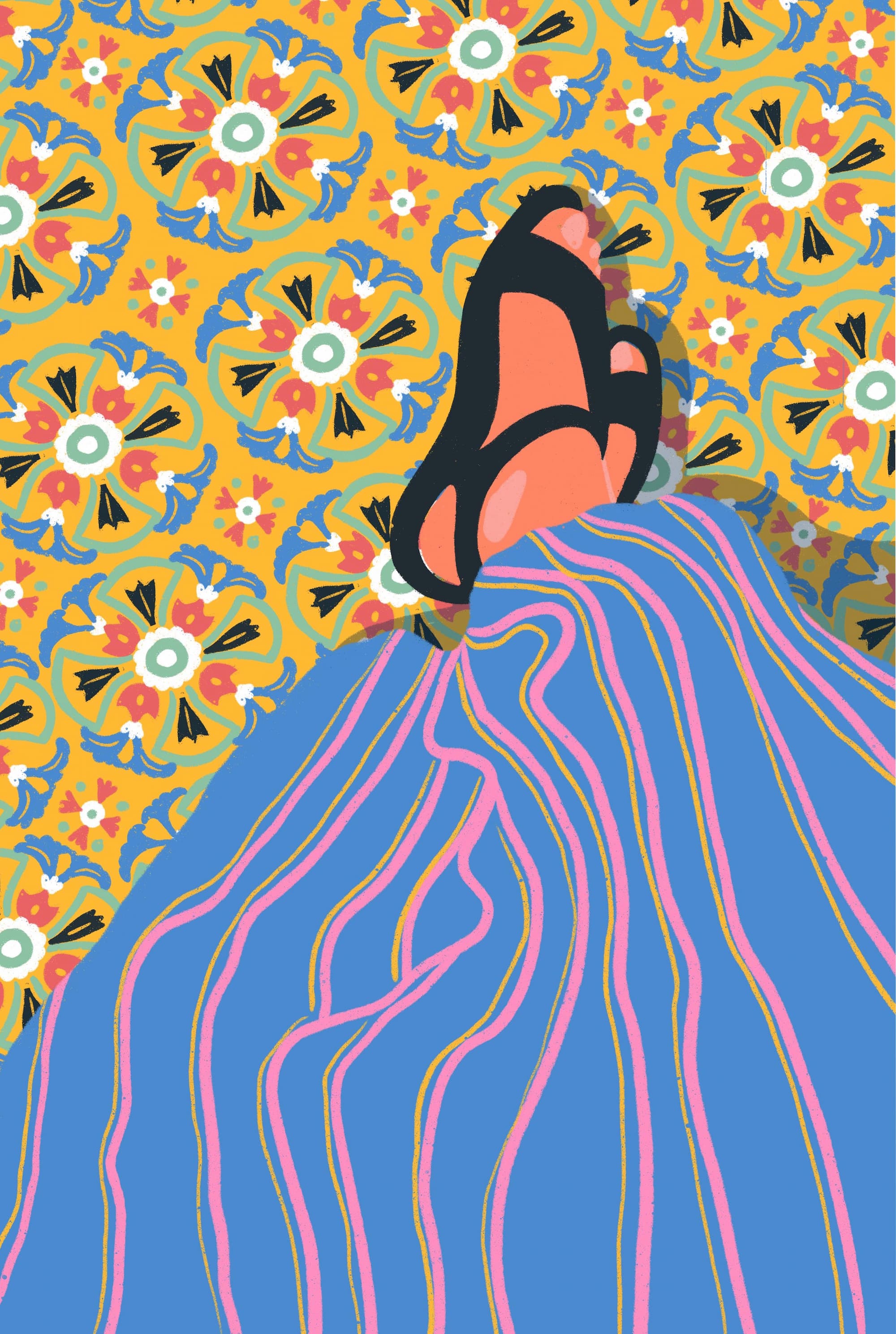 Summer illustration girl sitting on patterned tiles, legs and dress Bright colorful illustration with summer vibe: decorative patterned tiles and a girl sitting with visible legs and flowing dress. Artistic vector artwork for lifestyle themes, travel design, fashion projects and decorative backgrounds.