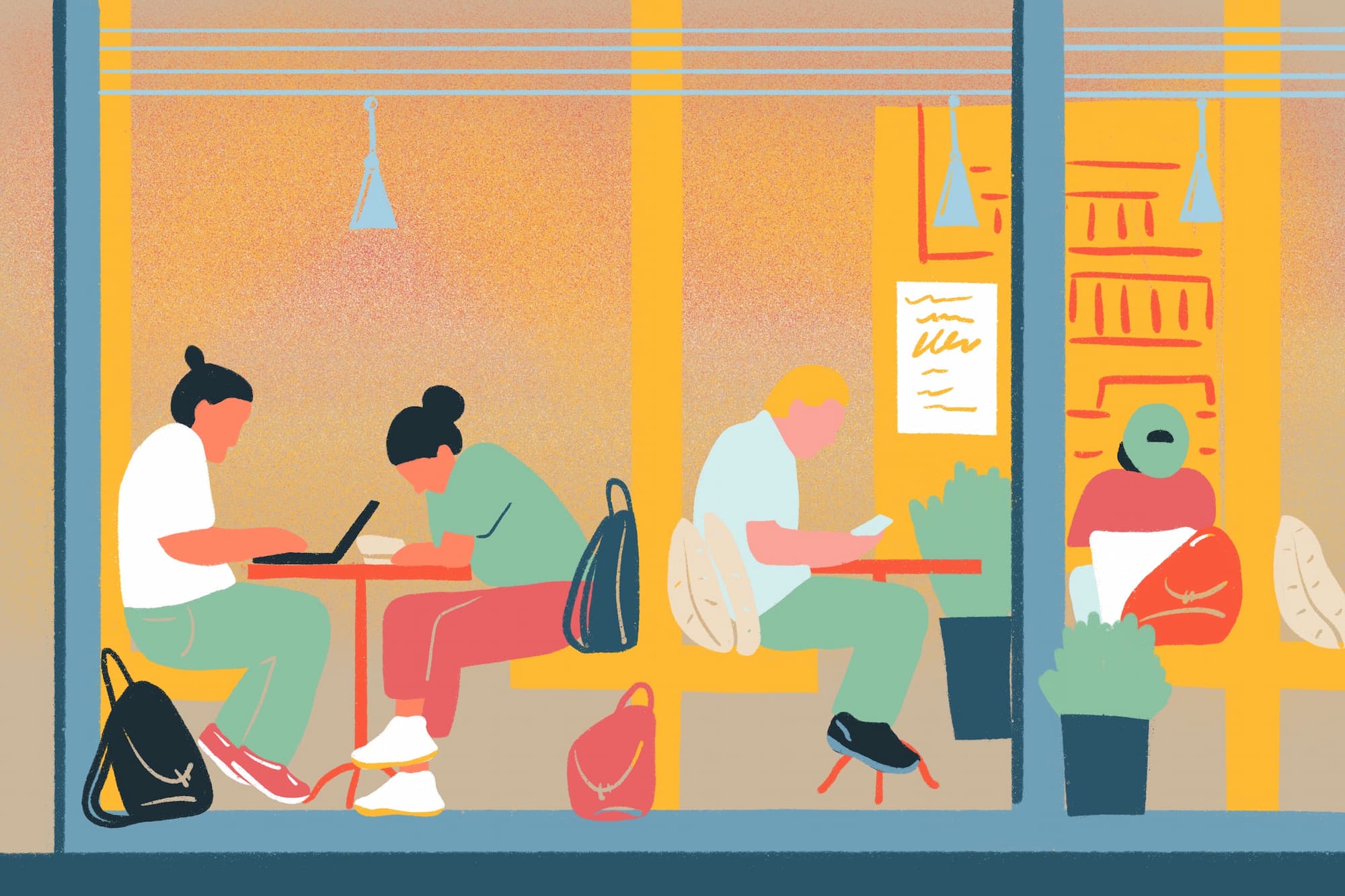 Coworking Café with Young People Working on Laptops Illustration Illustration of modern café coworking space with young men and women focused on freelance work at laptops. Creative and concentrated atmosphere.