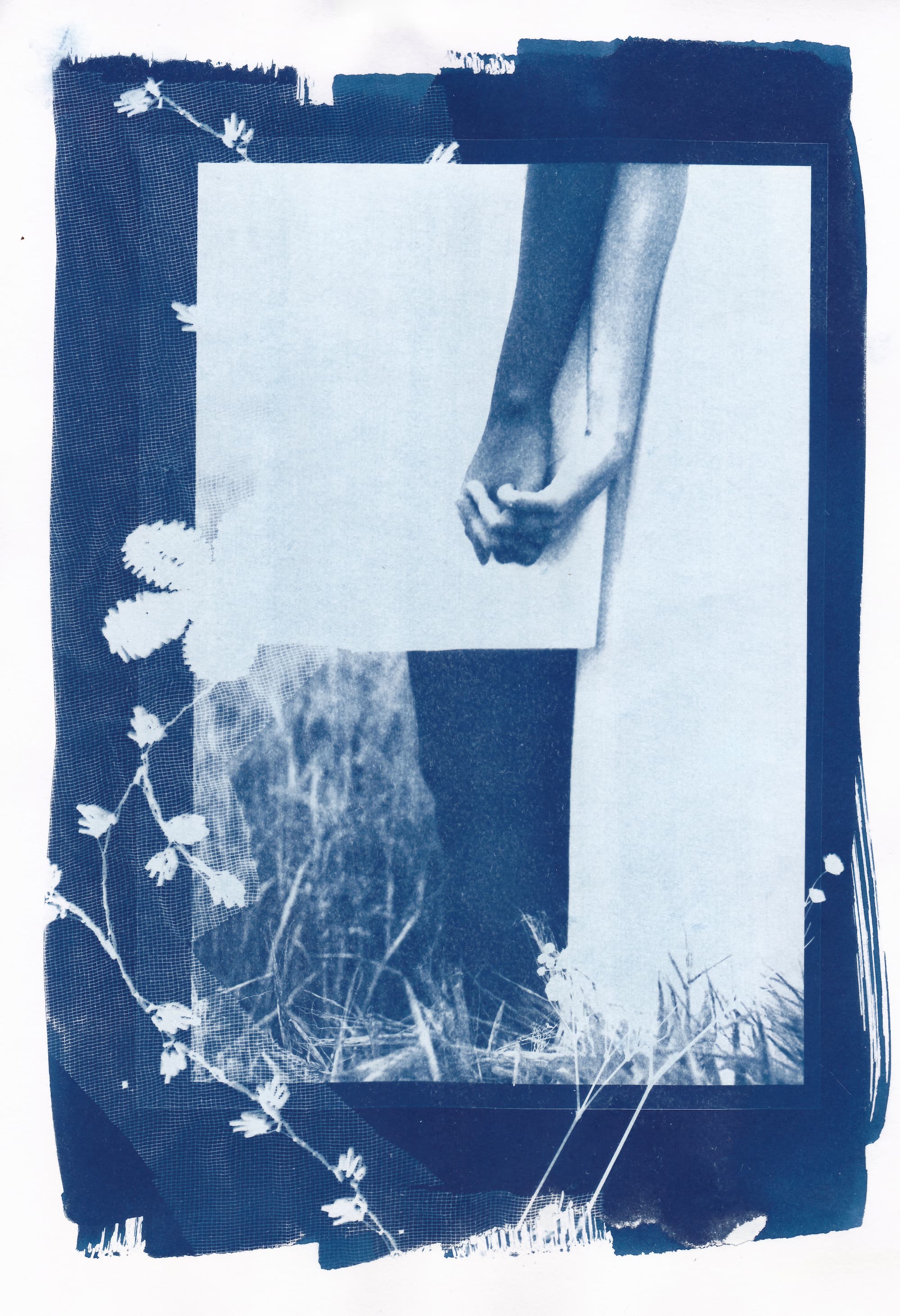 Cyanotype of intertwined hands decorated with flowers. Close-up of hand holding paper, surrounded by soft floral elements, captured in cyanotype art style.