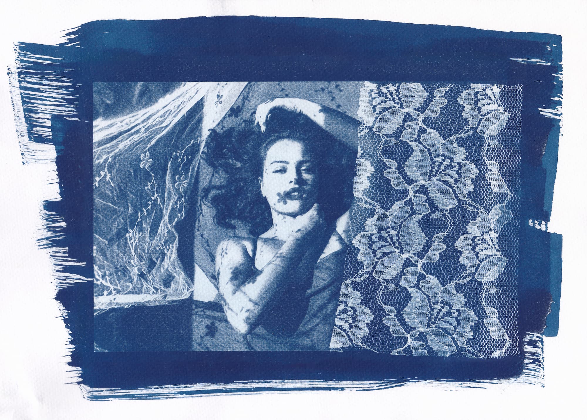 Cyanotype featuring a woman lying down, framed by lace elements and abstract textures in a vintage style.