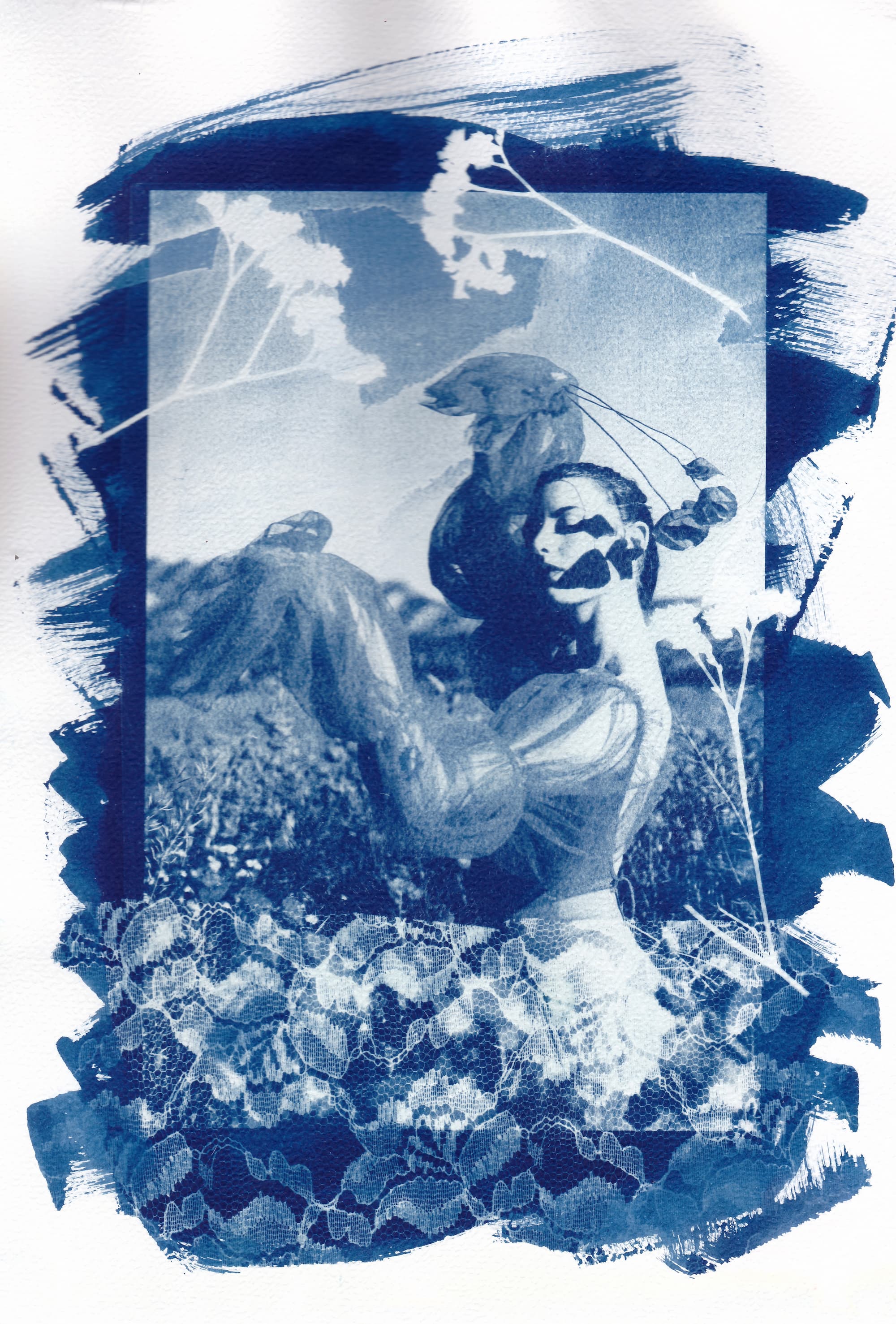 Monochromatic cyanotype print showcasing a woman posing amidst flowers and lace.