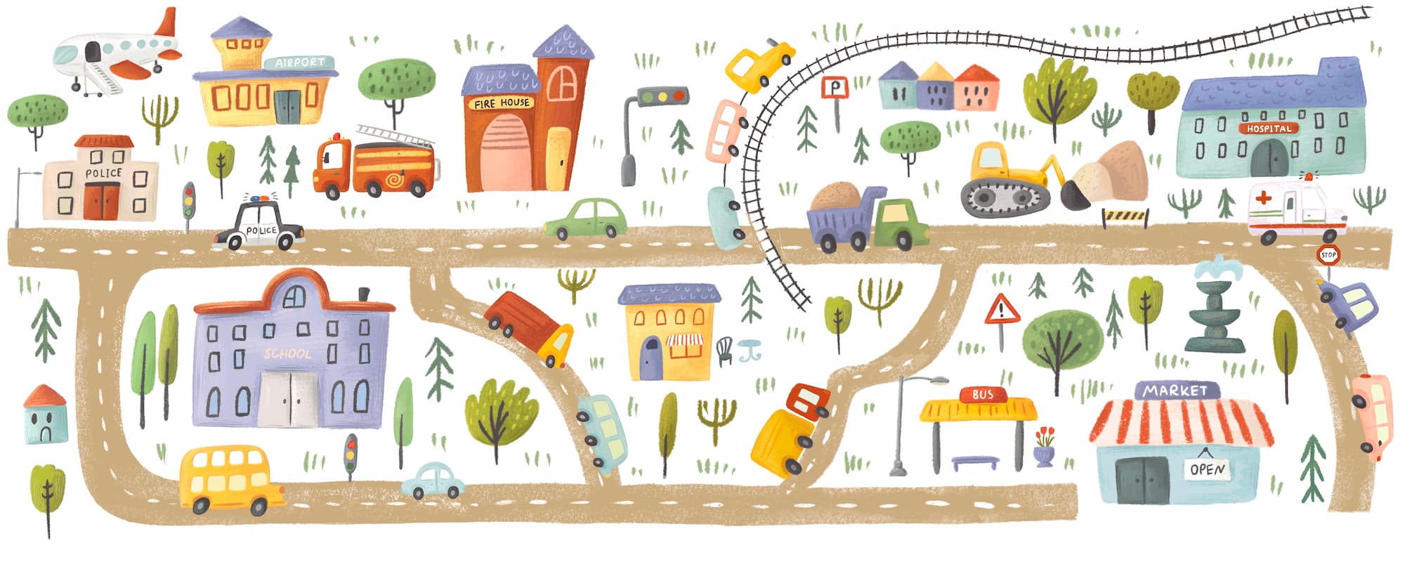 Illustration of a city with houses, road and transport.