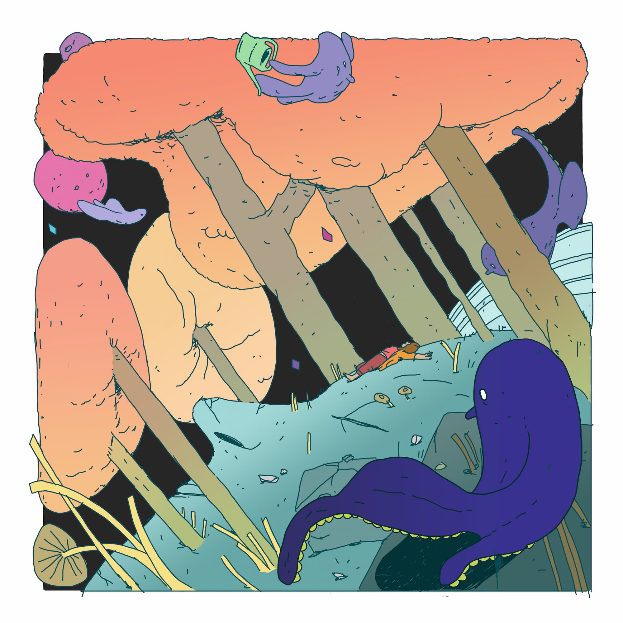 A person lies arms open on a surreal alien planet with flying creatures and rocks that look like human faces .