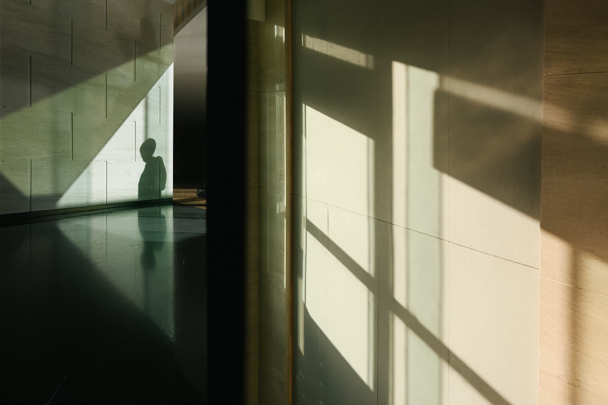 Sun-drenched moment of afternoon light and shadows in a dreamy hallway.