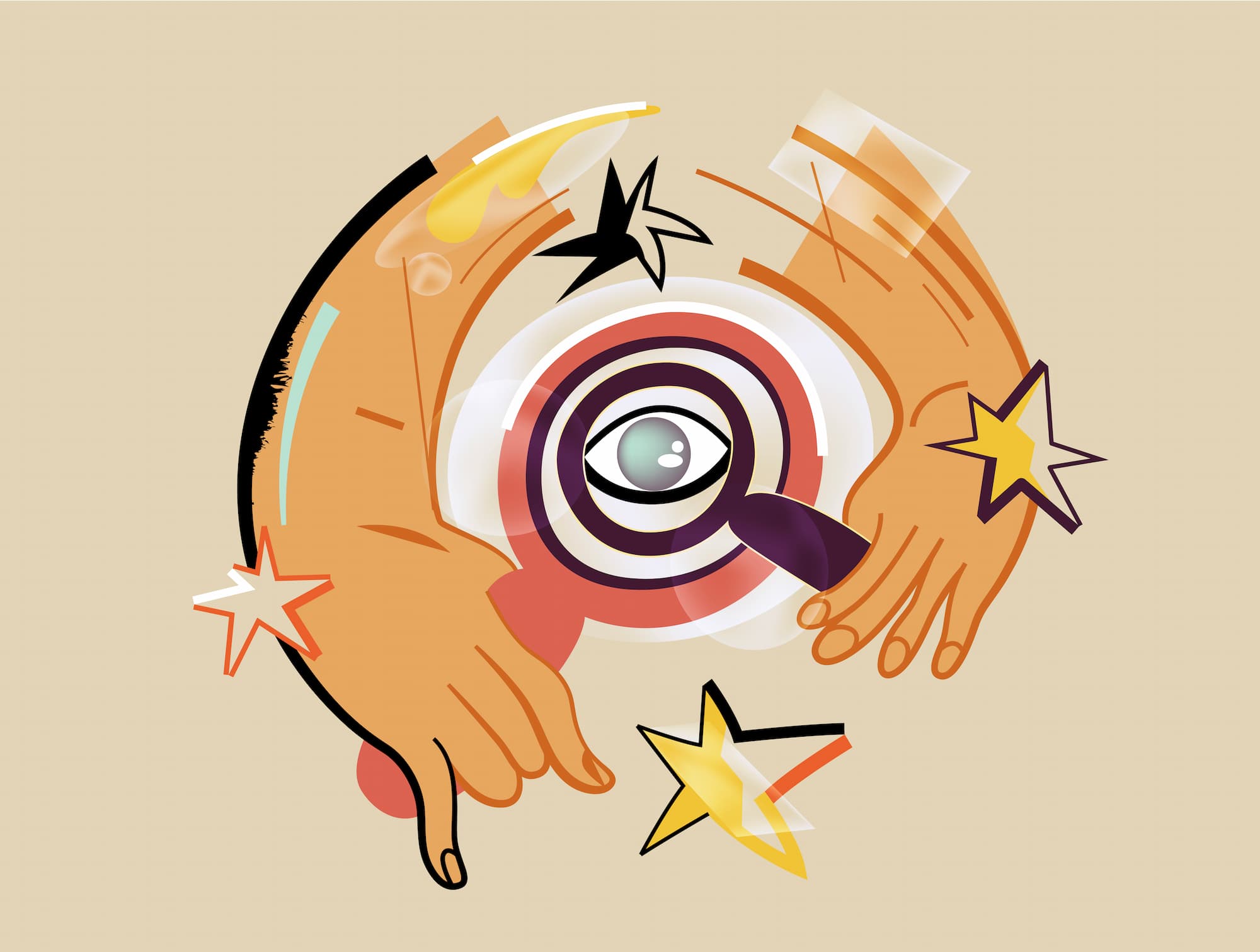 Vector illustration of an eye inside a target with a magnifying glass and stars. Symbol of focus, vision, precision, insight, and strategic analysis in creative business.