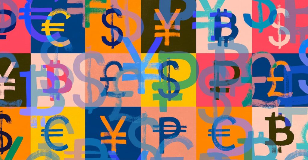 Different Currencies Pattern. Grunge Texture with Pound Sign, Euro Symbol, Yen Sign, Dollar Sign. Ruble, Shekel, Peso and Bitcoin. Illustration.
